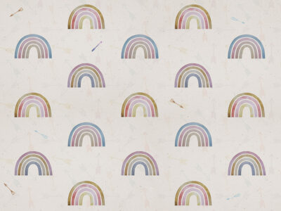 Patterned wallpaper with rainbows and arrows on a light background