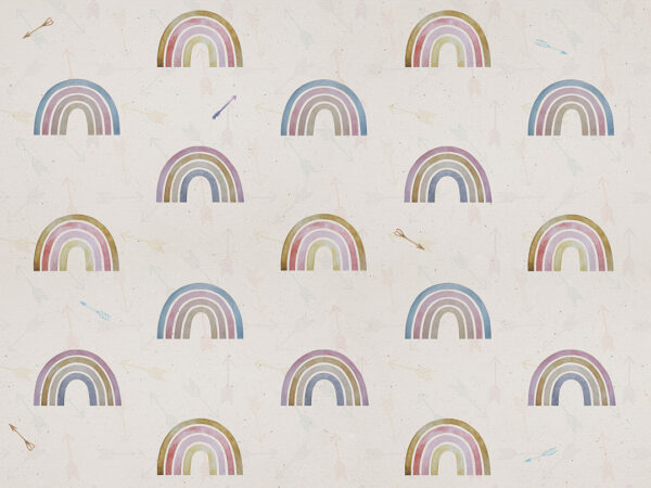 Patterned wallpaper with rainbows and arrows on a light background