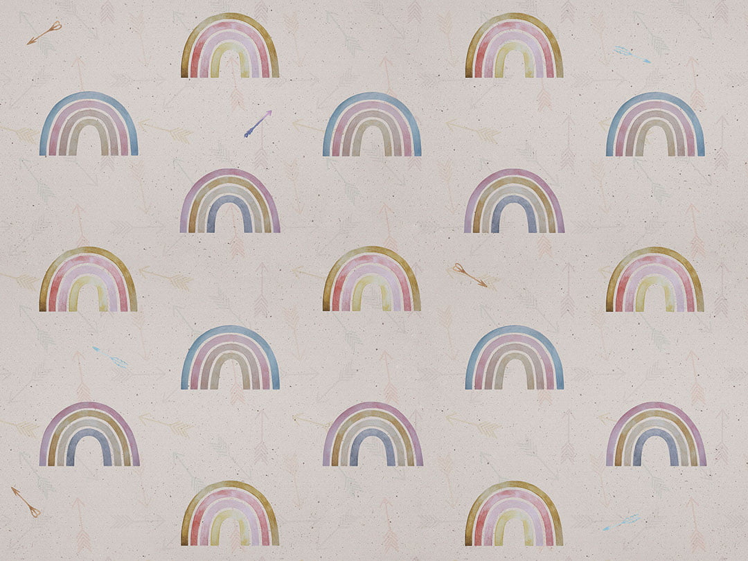 Patterned kids wallpaper with rainbows and arrows on a beige background