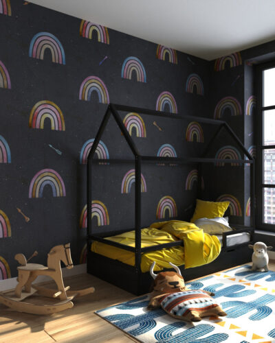 Patterned wallpaper with rainbows and arrows on a dark background for a children's room