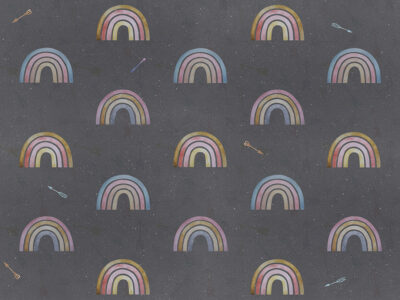 Patterned wallpaper with colorful rainbows and arrows on a dark background