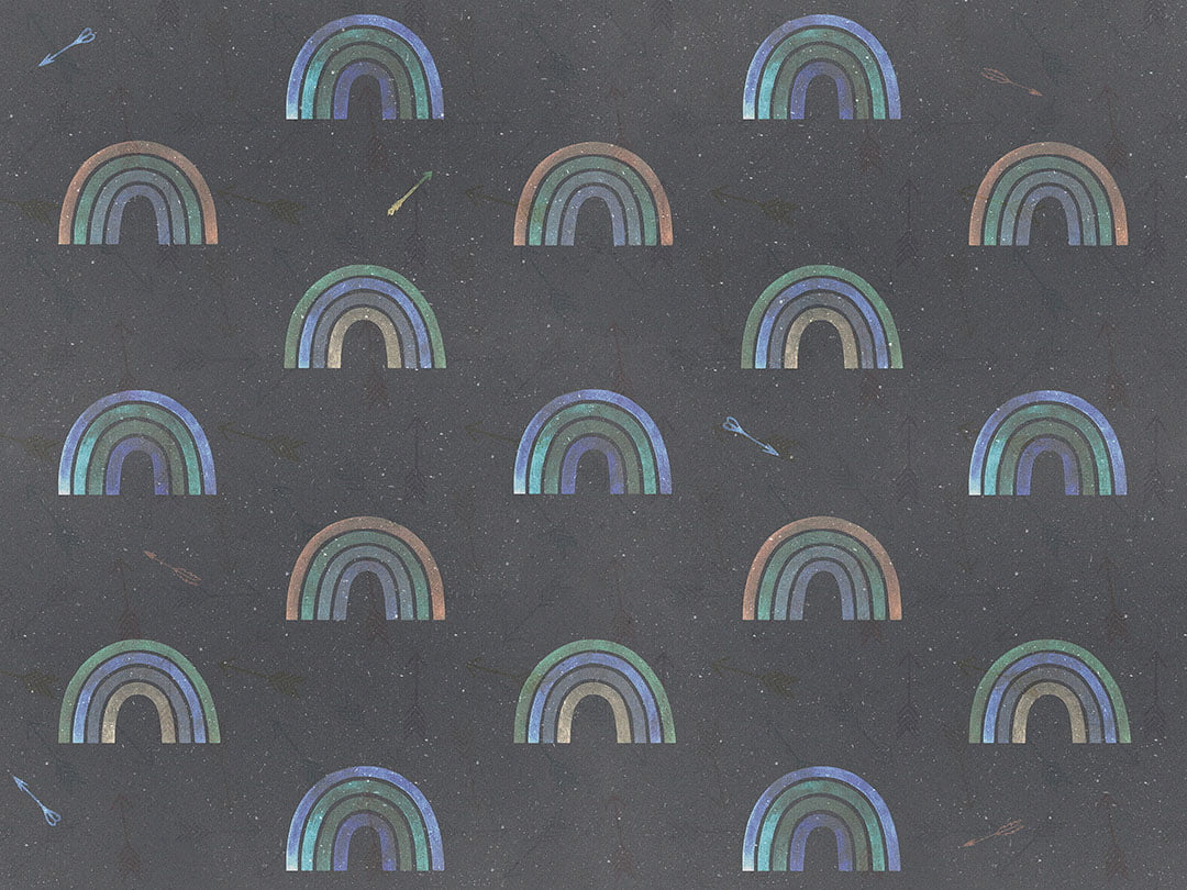 Patterned kids wallpaper with rainbows and arrows on a dark background