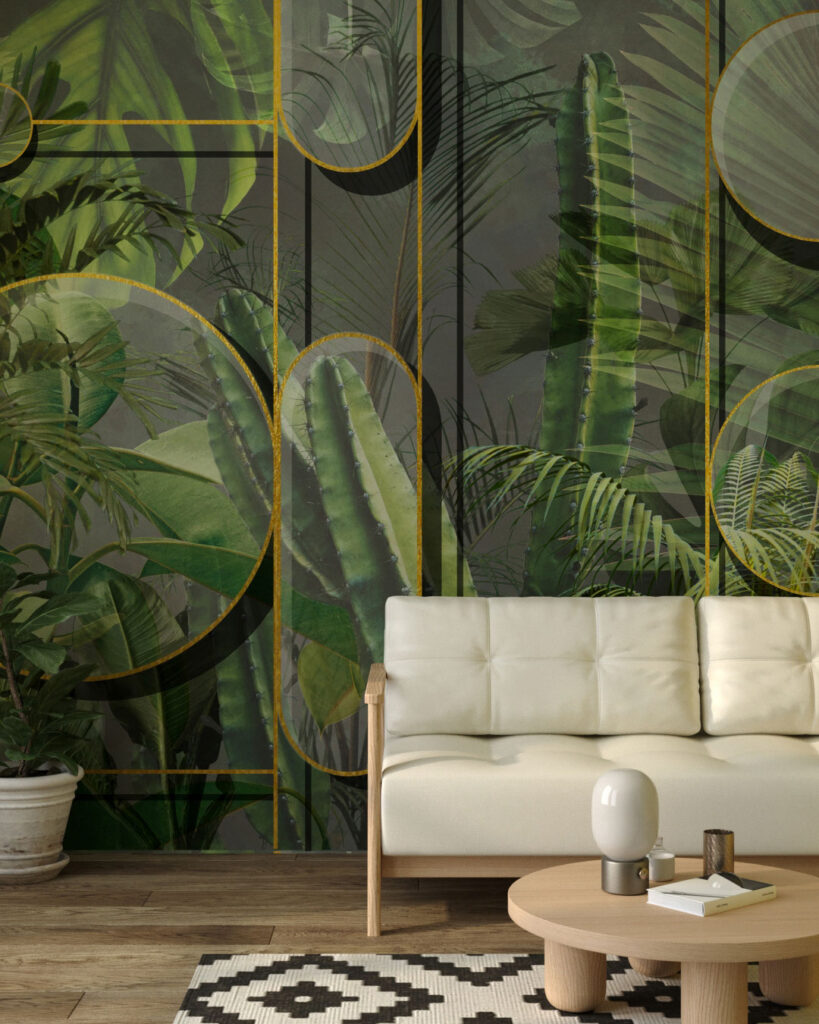 Cacti with tropical leaves and 3D shapes wall mural for the living room