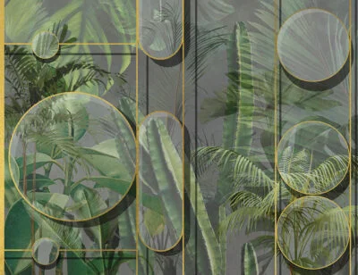 3D wall mural with cacti, tropical leaves and geometrical shapes