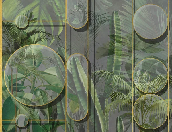 3D wall mural with cacti, tropical leaves and geometrical shapes