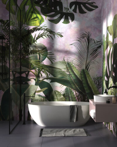 Tropical leaves and cacti on a watercolor background wall mural for the bathroom