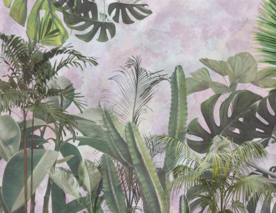 Tropical leaves and cacti on a watercolor background wall mural