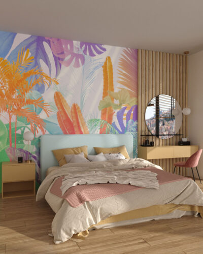 Bright tropical leaves and cacti wall mural for the bedroom