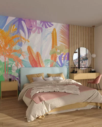 Bright tropical leaves and cacti wall mural for the bedroom
