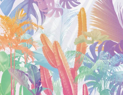 Bright tropical wall mural with leaves and cacti