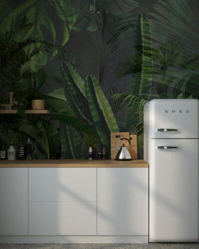 Tropical leaves and cacti on a gray background wall mural for the kitchen