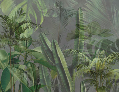 Tropical leaves and cacti on a gray background wall mural