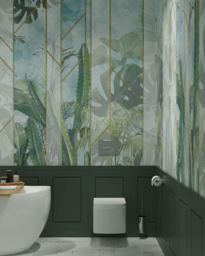 Tropical leaves and cacti behind glass wall mural for the bathroom