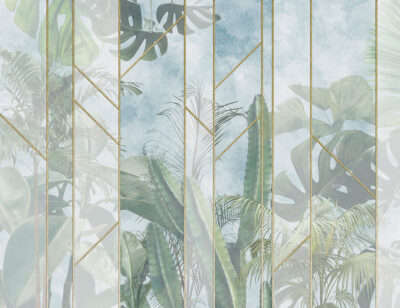 Tropical leaves and cacti behind mosaics glass wall mural