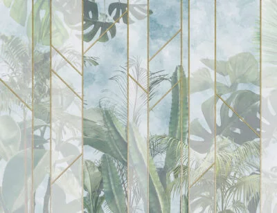 Tropical wall mural with leaves and cacti behind mosaics glass