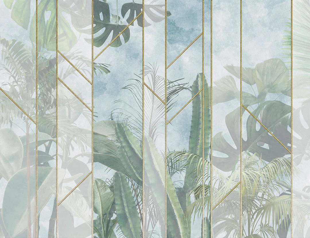 Tropical wall mural with leaves and cacti behind mosaics glass
