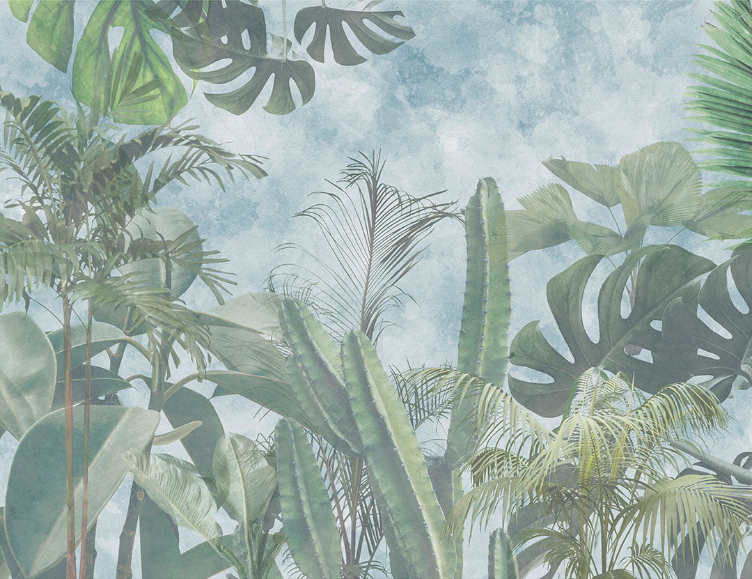 Tropical wall mural with leaves and cacti on a blue sky
