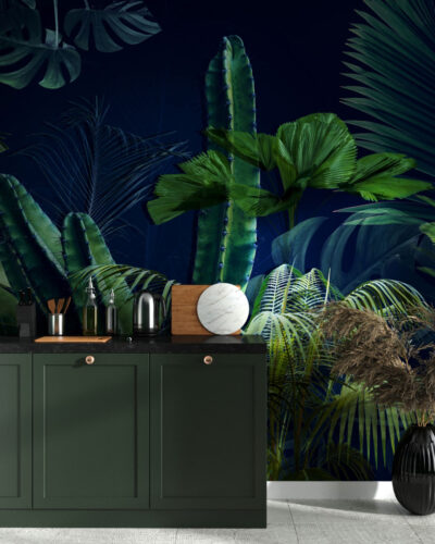 Tropical leaves and cacti on a dark blue background wall mural for the kitchen