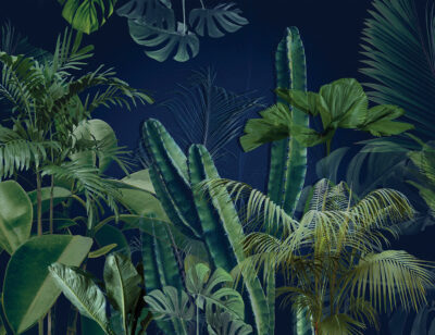 Tropical leaves and cacti on a dark blue background wall mural