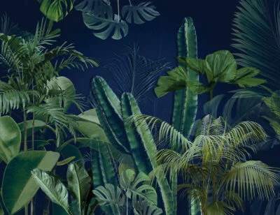 Tropical wall mural with leaves and cacti on a dark blue background