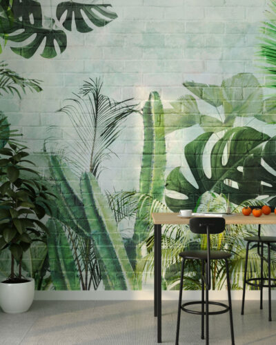 Tropical leaves and cacti on a brick background wall mural for the kitchen