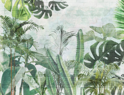 Tropical leaves and cacti on a brick background wall mural