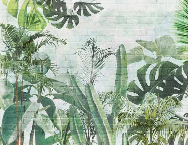 Tropical wall mural with leaves and cacti on a brick background