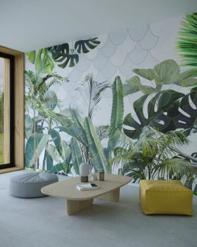 Tropical leaves and cacti wall mural for the living room
