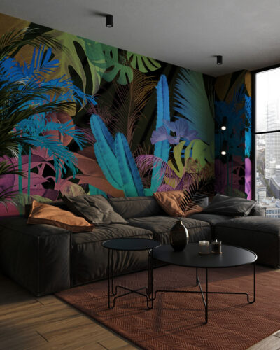 Neon tropical leaves and cacti wall mural for the living room
