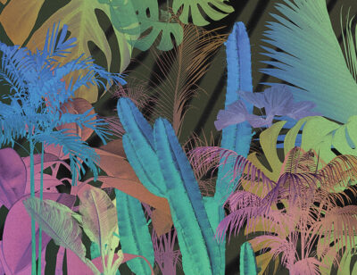 Neon tropical leaves and cacti wall mural