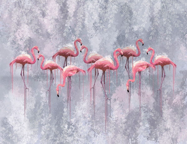 Modern wall mural with pink flamingo flock