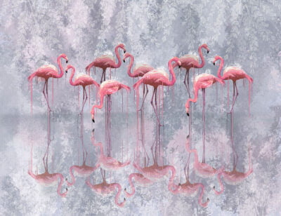 Designer wall mural with pink flamingo flock and theirs reflection