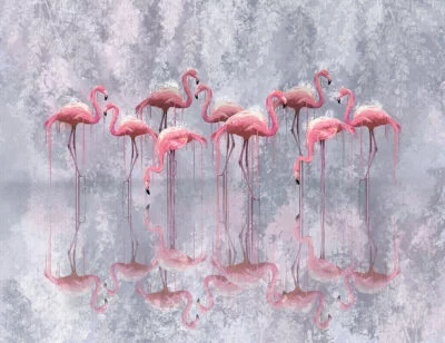 Designer wall mural with pink flamingo flock and theirs reflection