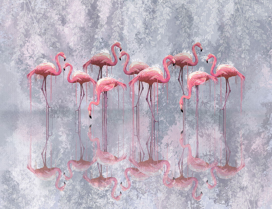Designer wall mural with pink flamingo flock and theirs reflection