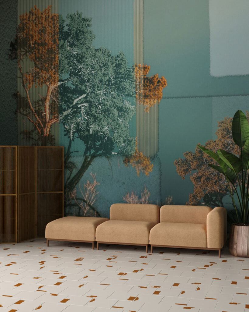 Collage of African trees and geometric shapes wall mural for the living room