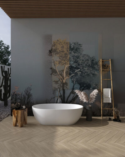 Collage of trees and geometric shapes wall mural for the bathroom