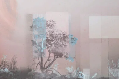 Designer wall mural with collage of trees and geometric shapes in bright tones