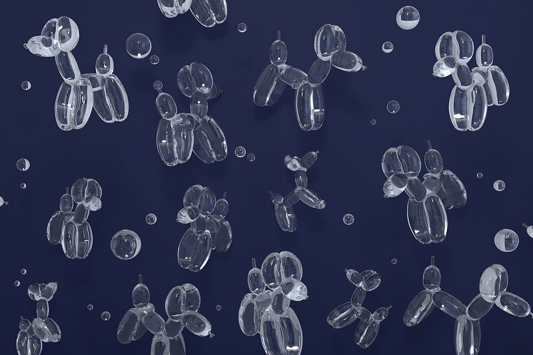Transparent balloons in the shape of dogs on the navy blue background 3D wall mural