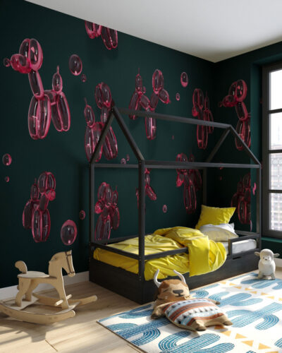 Red balloons in the shape of dogs 3D wall mural for a children's room