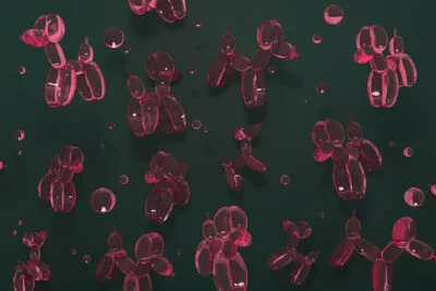 Red balloons in the shape of dogs on green background 3D wall mural