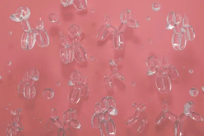 Transparent balloons in the shape of dogs on crimson background 3D wall mural