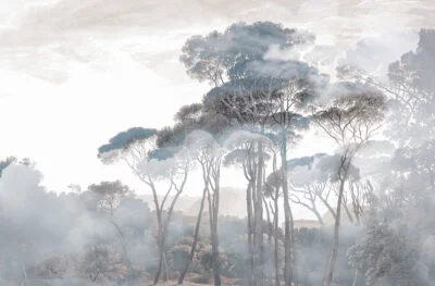 Nature wall mural with gray forest in the fog