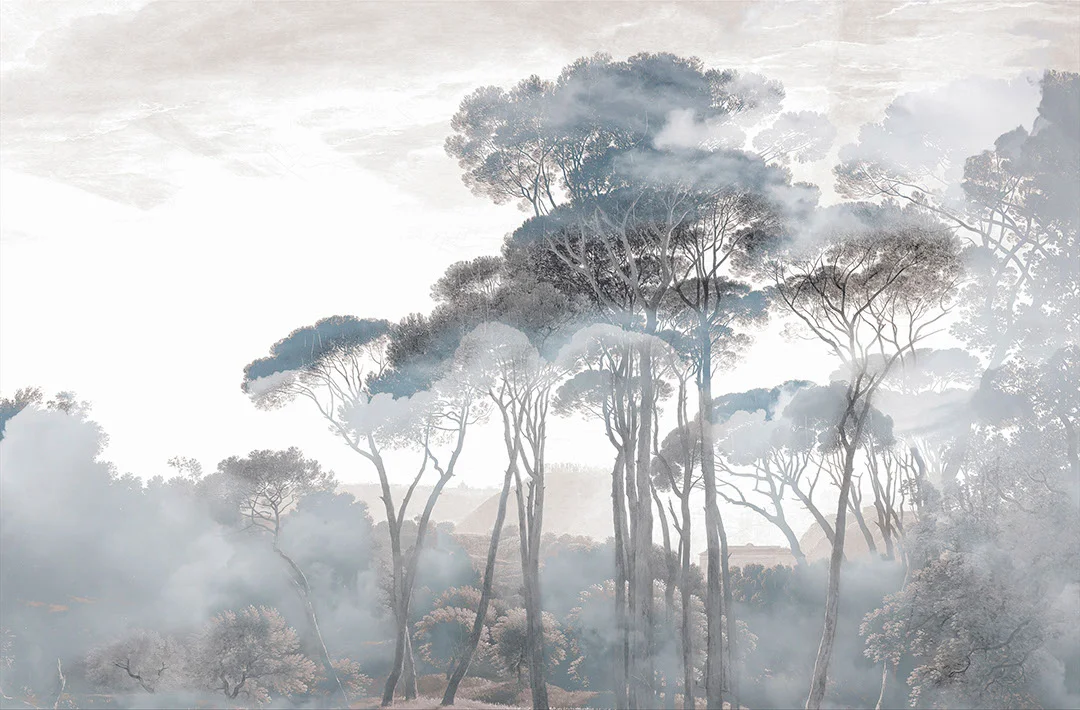 Nature wall mural with gray forest in the fog