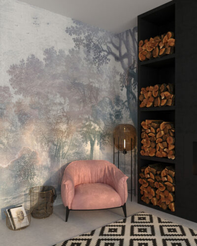Delicate engraving of a mysterious forest wall mural for the living room
