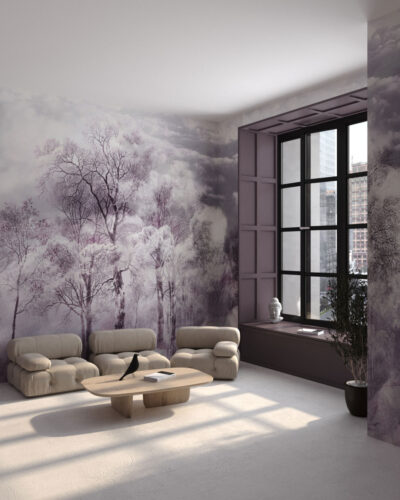 Pink engraving wall mural with trees in the clouds for the living room