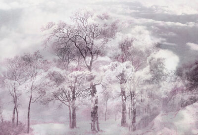 Pink engraving wall mural with trees in the clouds