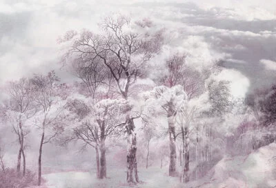 Nature wall mural with pink engraving of trees in the clouds
