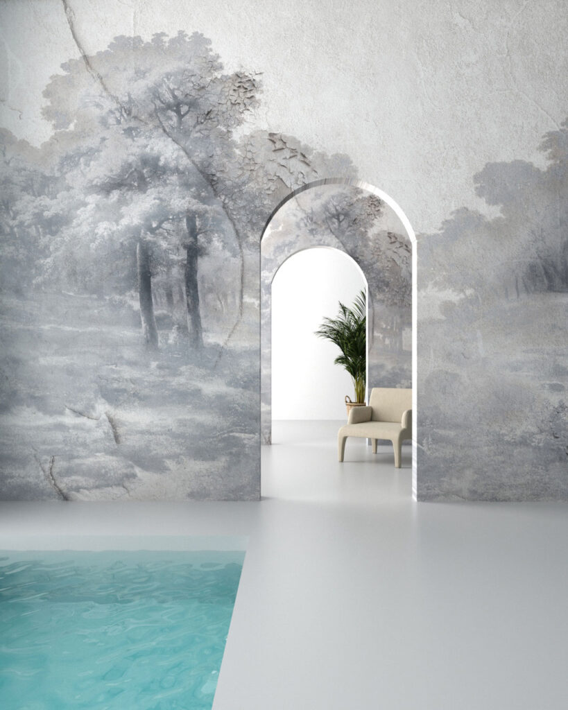 Gray vintage forest wall mural with old plaster texture for the bathroom