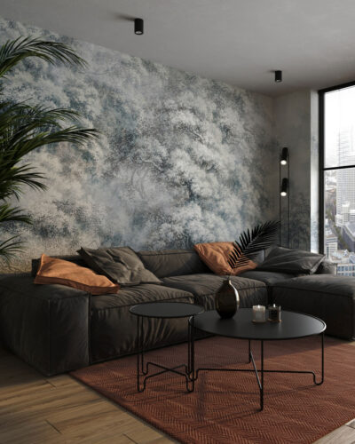 Gray engraving with three-dimensional tree crowns wall mural for the living room