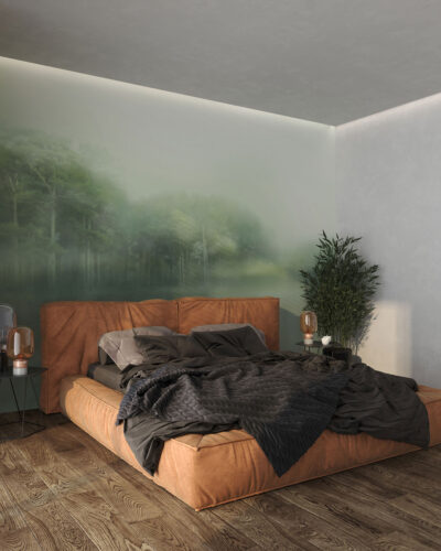 Green forest wall mural in the style of impressionism for the bedroom